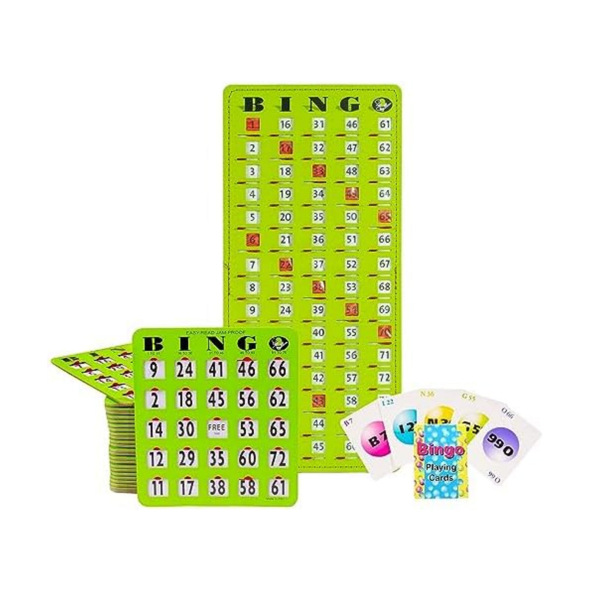 MR CHIPS Complete Bingo Game Set with Jam-Proof Shutter Cards – Easy Read Green Edition – 25 Reusable Large Print Bingo Cards with Sliding Windows, Master Board & Calling Cards – No Chips Needed
