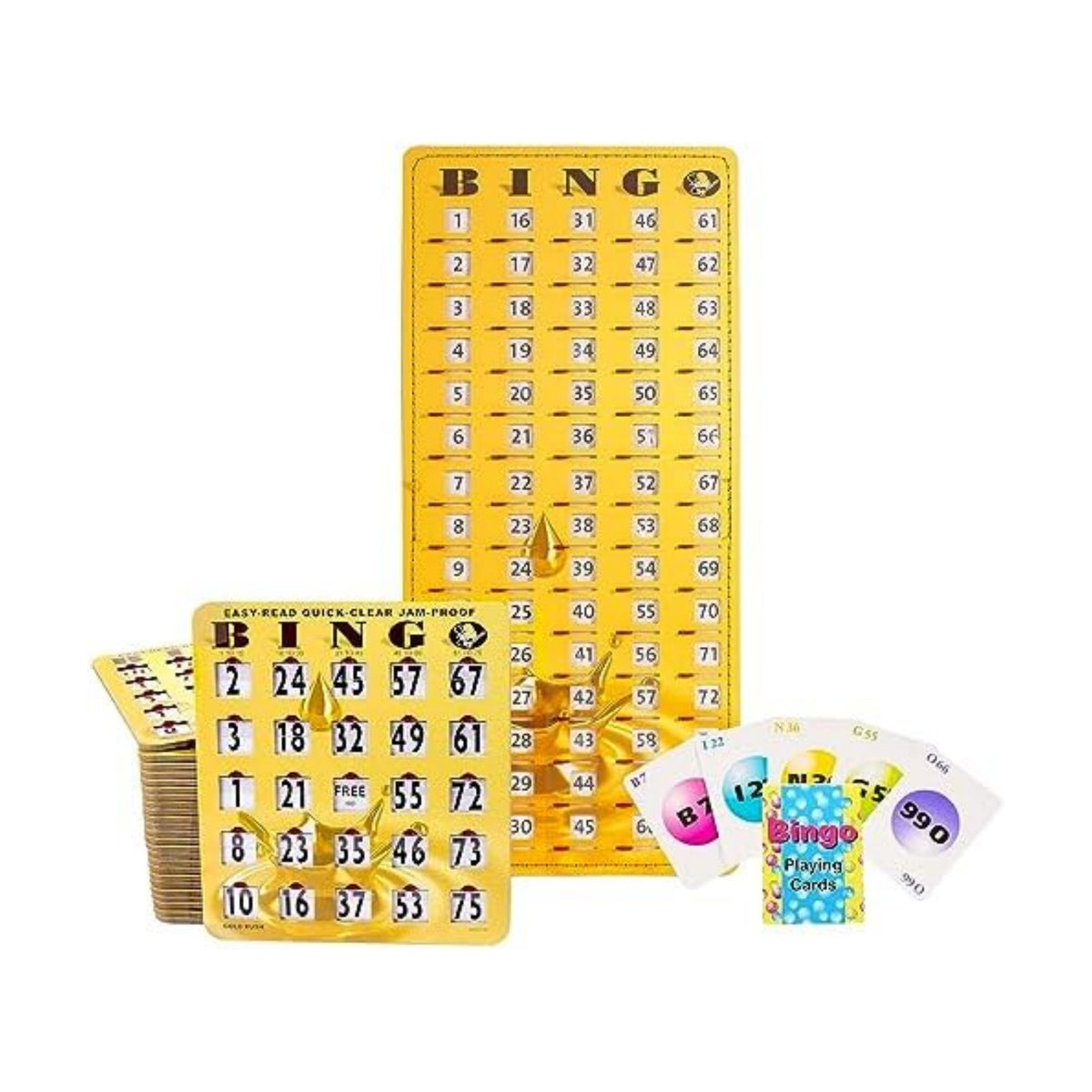 MR CHIPS Jam-Proof Bingo Cards with Sliding Windows, 25 Reusable Shutter Cards, 75 Calling Cards 1 Master Board in Gold Rush Style