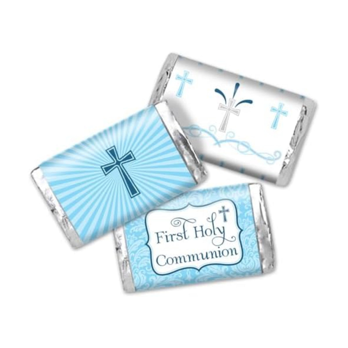 First Holy Communion Mini Chocolate Candy Bar Sticker Wrappers for Boys, 45 1.4" x 2.6" Wrap Around Labels by AmandaCreation, Great for Party Favors