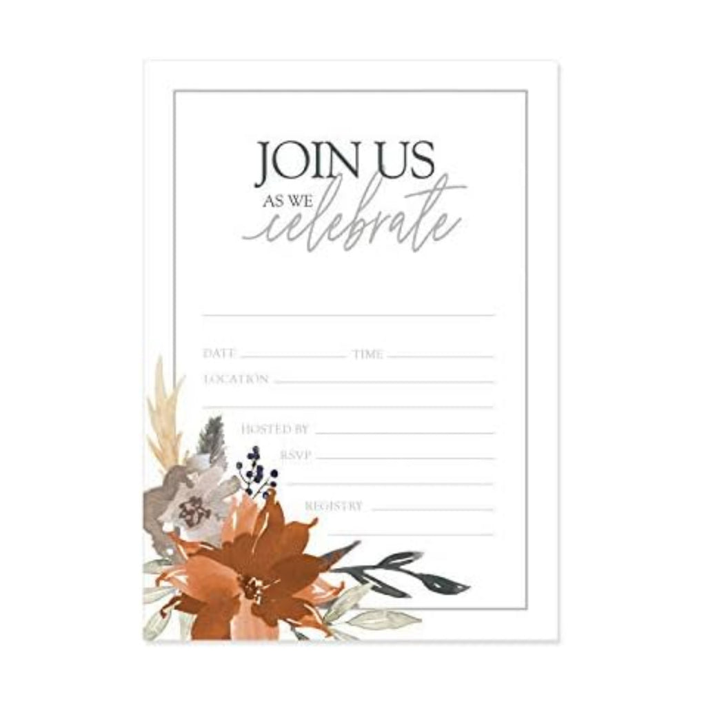 Canopy Street Indie Autumn Floral Fill In Invitations / 25 Fall Invites With White Envelopes / 5" x 7" Boho Gray And Orange Autumn Bridal Shower Invitation/Made In The USA
