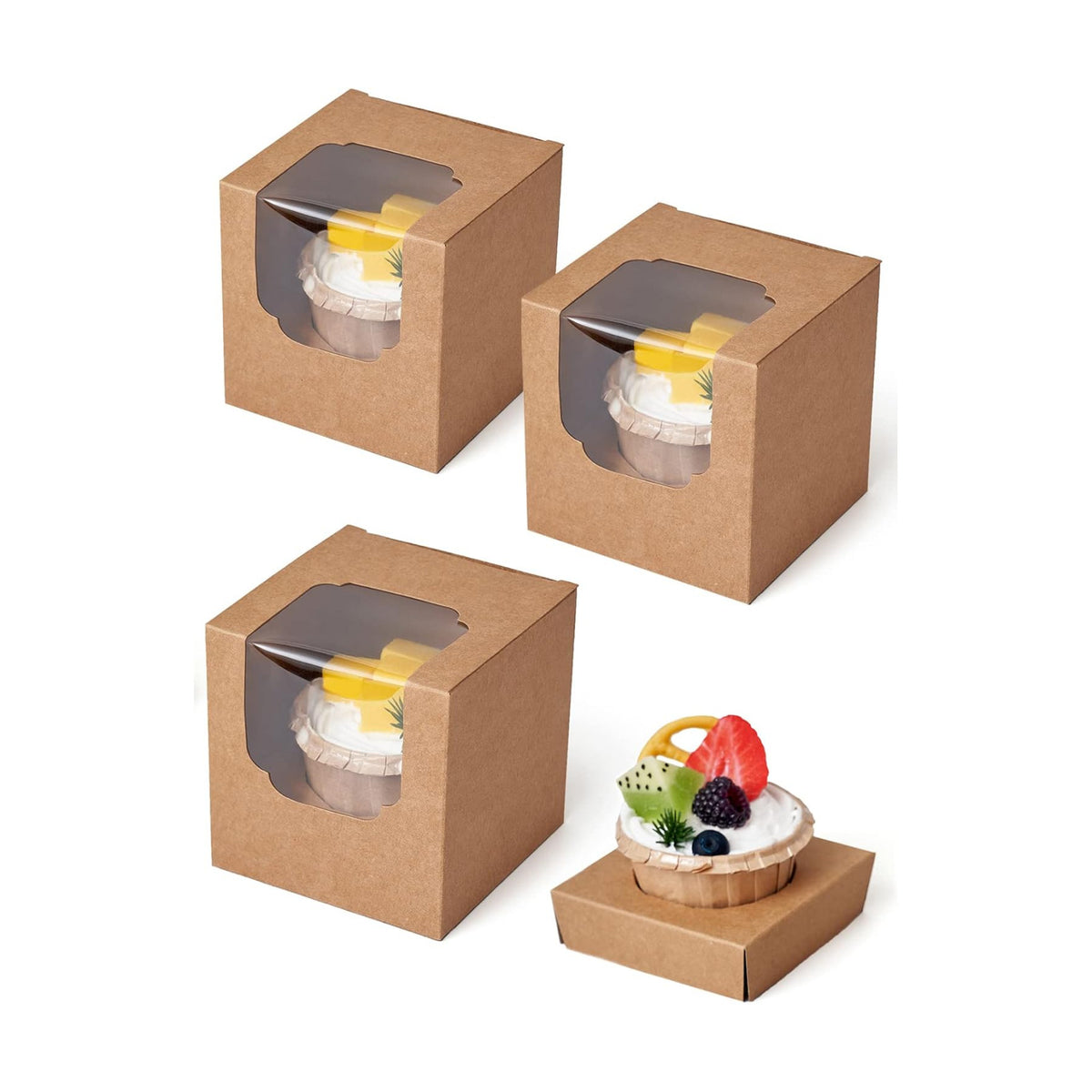 Happyhiram 100 Pack Brown Kraft Single Cupcake Boxes with Inserts & Window
