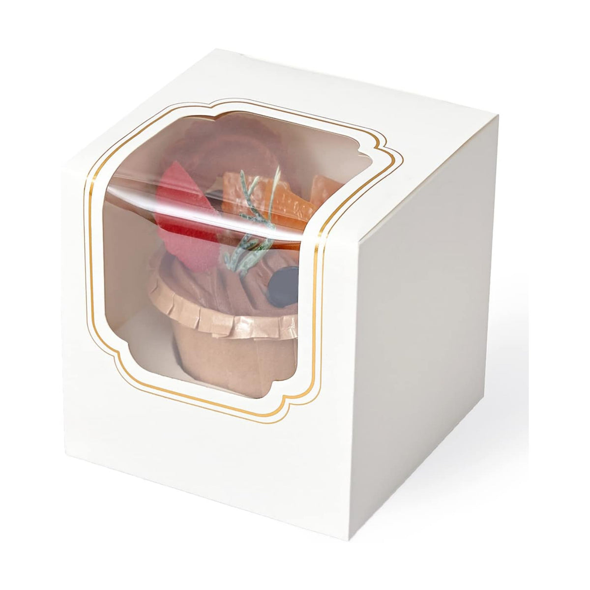 Happyhiram 100 Pack Gold Individual Cupcake Boxes with Inserts & Window
