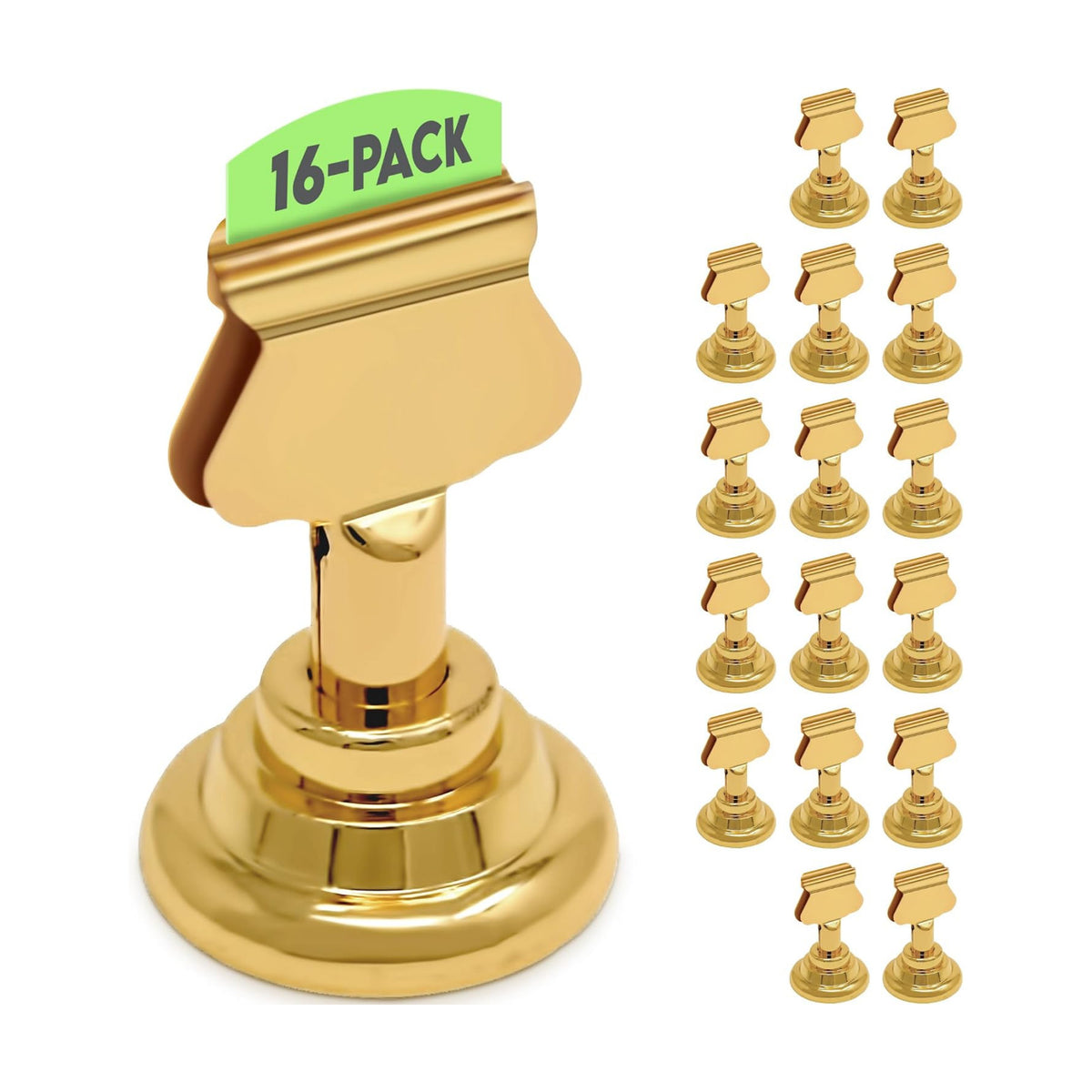 Table Number Holders (16pc) Premium Gold Metal Place Card Holders for Wedding Party Table Decor Card Holder (1.7 inch tall)