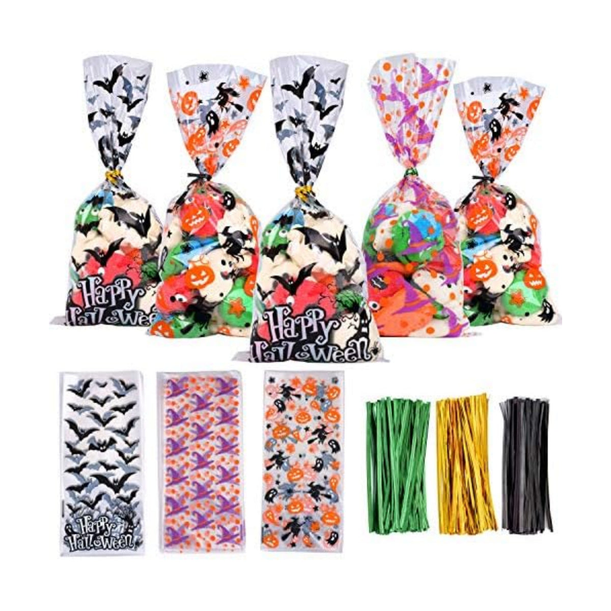 DIYASY 150 Pcs Halloween Cellophane Treat Bags, Clear Candy Bags Plastic Bats Pumpkin Bag Witch Goody Bag with 300 Twist Ties for Kids Party Favor