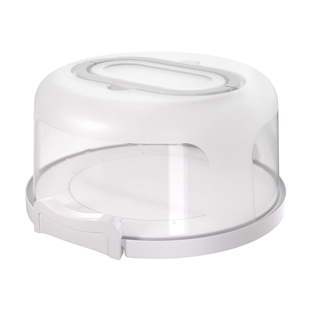 Top Shelf Elements Round Cake Carrier Two Sided Cake Holder Serves as Five Section Serving Tray, Portable Cake Stand Fits 10 inch Cake, Cake Box Comes With Handle, Cake Container Holds Pies (White)