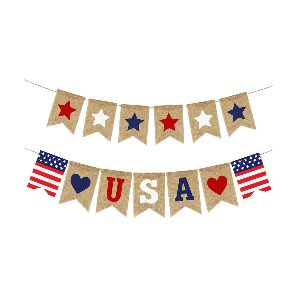 USA Banner Burlap 4th of July Decorations Rustic Patriotic Banner Red White Blue Stars Bunting Garland for President Day 4th of July Party Supplies 4th of July Patriotic Outdoor Indoor hanging Decor