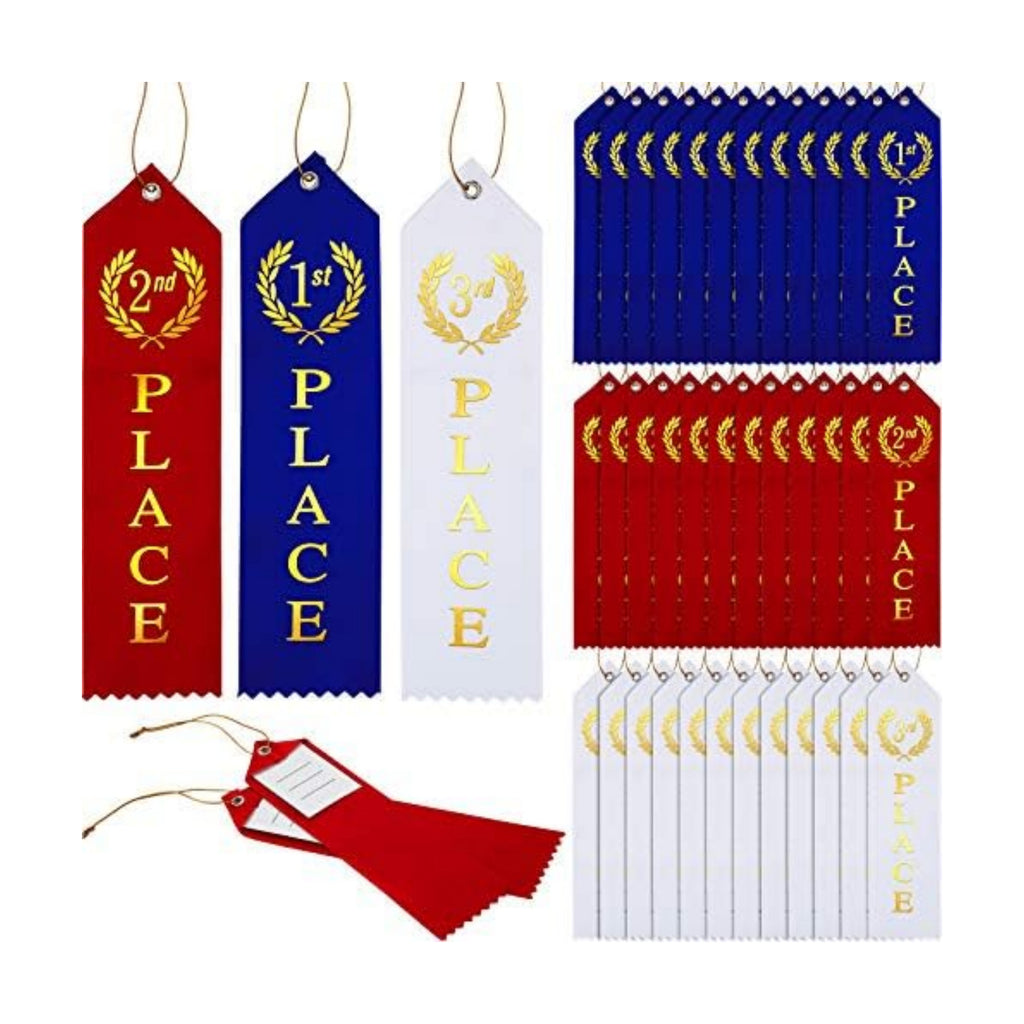 45 Pieces Award Ribbons 1st, 2nd, 3rd Place Flat Carded Set First Place Prizes with Event Card and Rope for Competition, Sports Event, School, Contests, Blue Red White