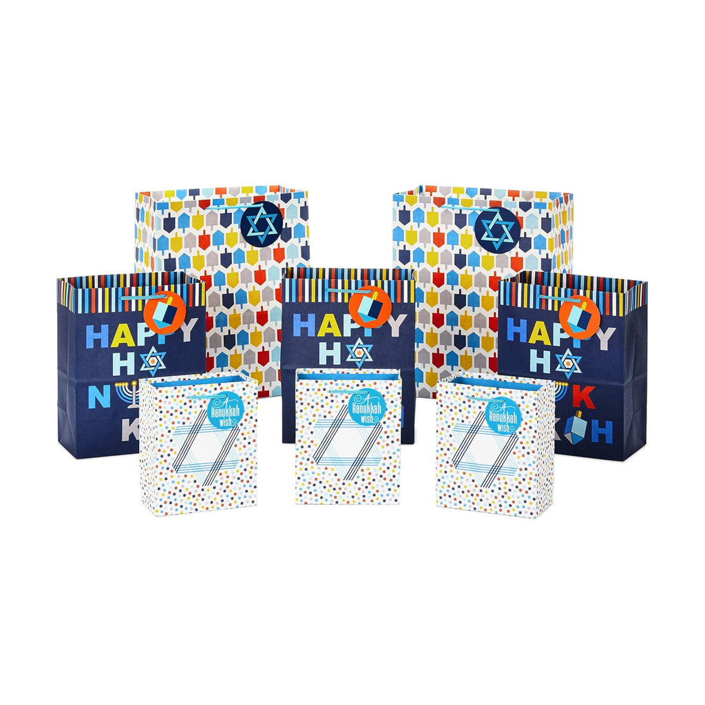 Hallmark Hanukkah Gift Bag Assortment (8 Gift Bags: 3 Small 6", 3 Medium 9", 2 Large 13") Star of David, Dreidels, Happy Hanukkah in Navy Blue, Orange, Yellow