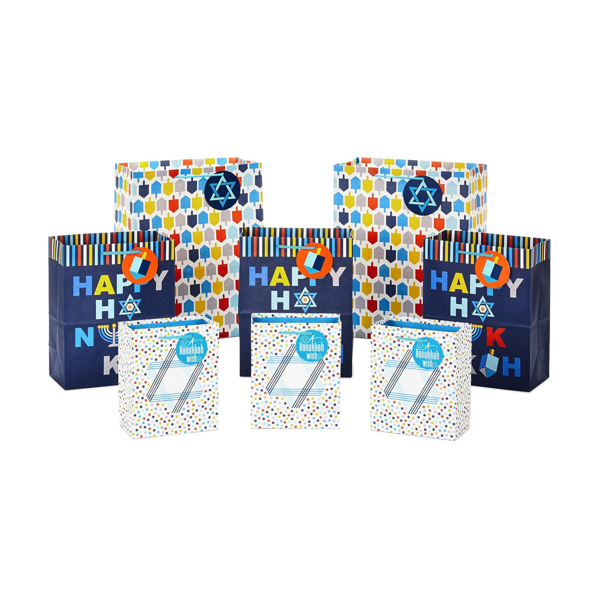 Hallmark Hanukkah Gift Bag Assortment (8 Gift Bags: 3 Small 6", 3 Medium 9", 2 Large 13") Star of David, Dreidels, Happy Hanukkah in Navy Blue, Orange, Yellow