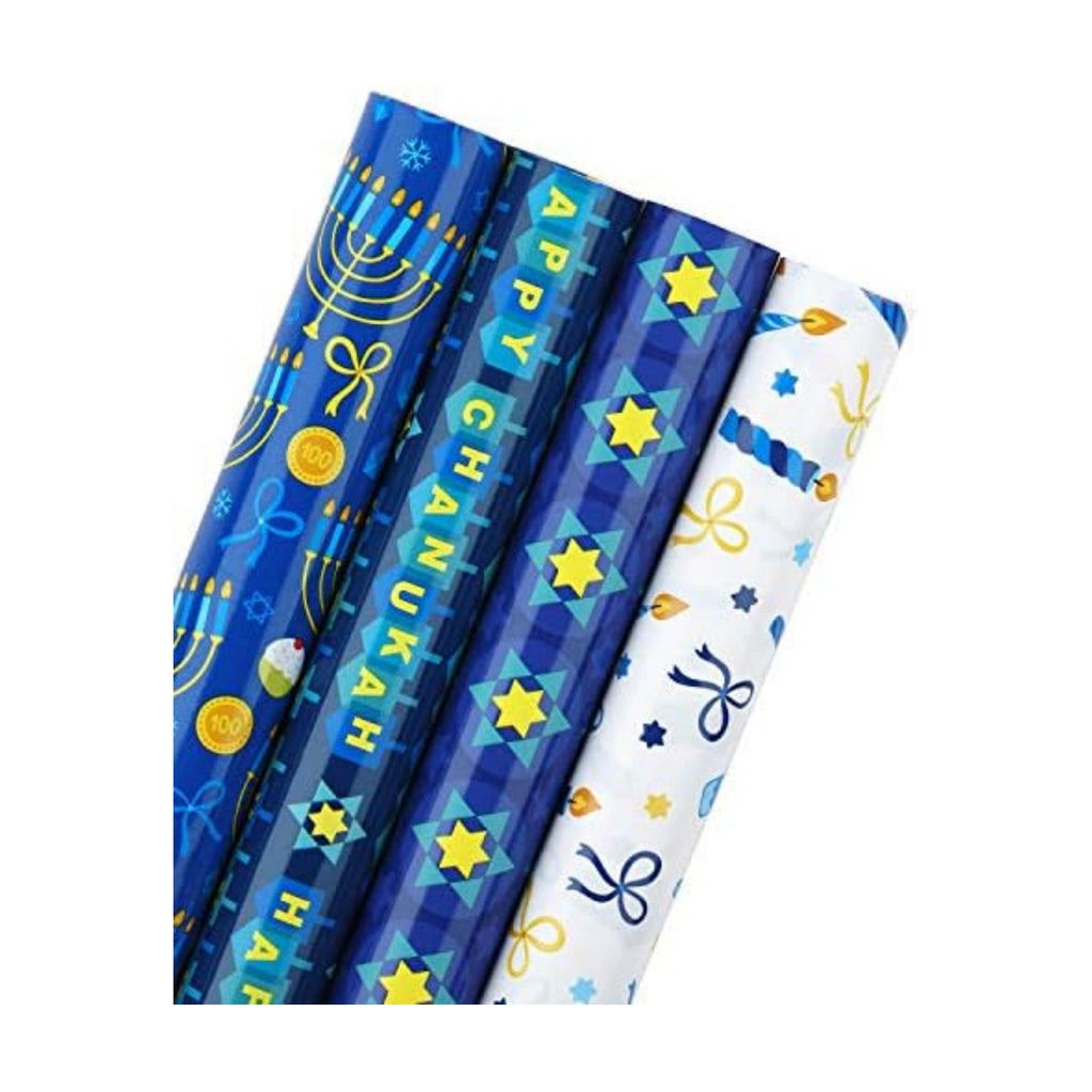 WRAPAHOLIC 30 Inch Hanukkah Wrapping Paper Roll - Jumbo Roll Menorahs, the Star of David, Candles Design for Chanukah Celebration - 4 Rolls - 30 Inch x 120 Inch Per Roll