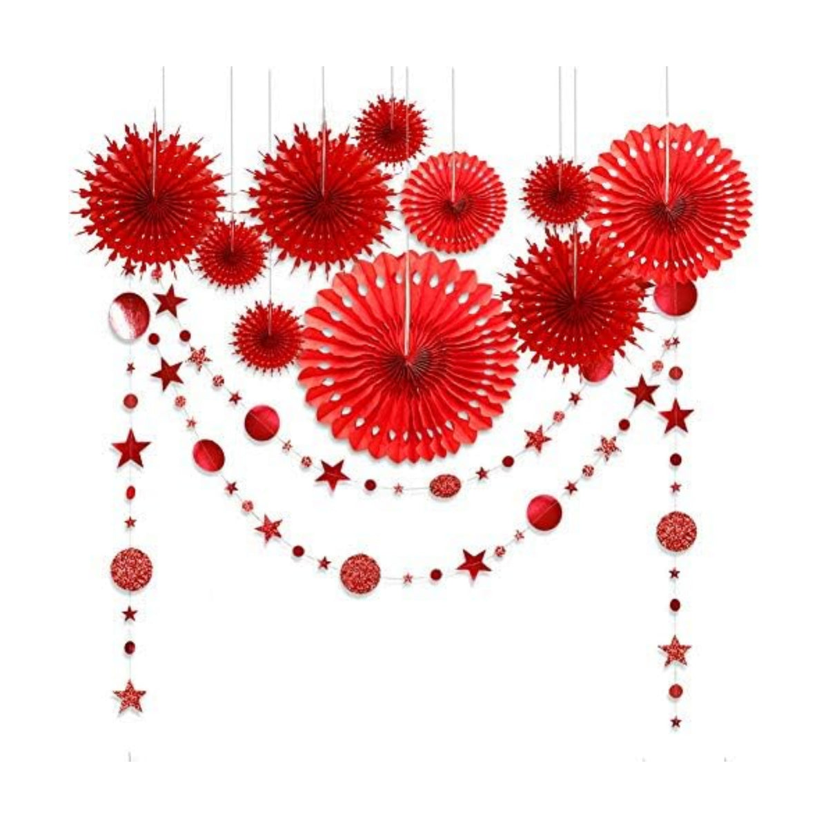 Decor365 Red Party Decorations Chinese New Year Tissue Pompom Paper Fan Hanging Decor Birthday Party Garland Glitter Circle Dots Garland Steamer Banner Backdrop for Girls Wedding Valentines Day