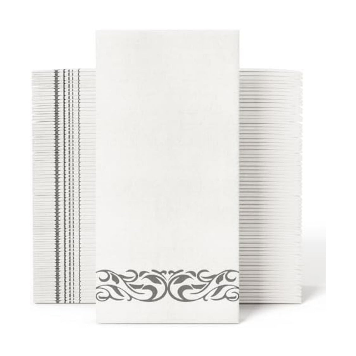 JOLLY CHEF 100 Disposable Hand Towels, Soft and Absorbent Linen Feel Dinner Napkin, Elegant Decorative Paper Guest Towels for Kitchen, Bathroom, Weddings, Parties, Silver and White