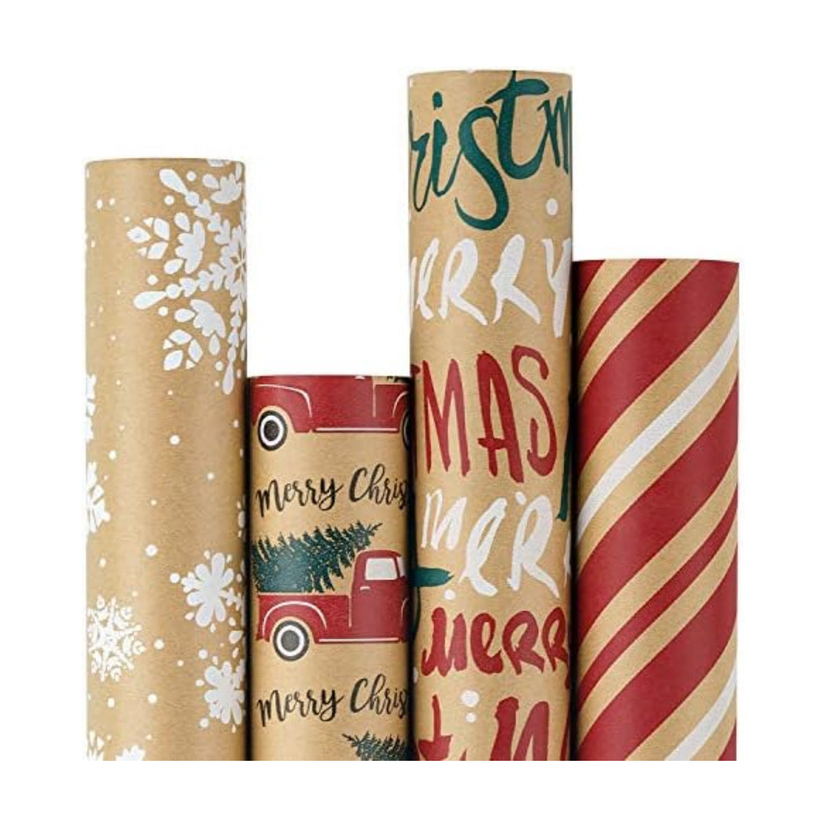 RUSPEPA Wrapping Paper, Kraft Paper - Snowflakes, Car and Christmas Tree, Stripes and Merry Christmas - 4 Rolls - 30 inches x 10 feet per Roll