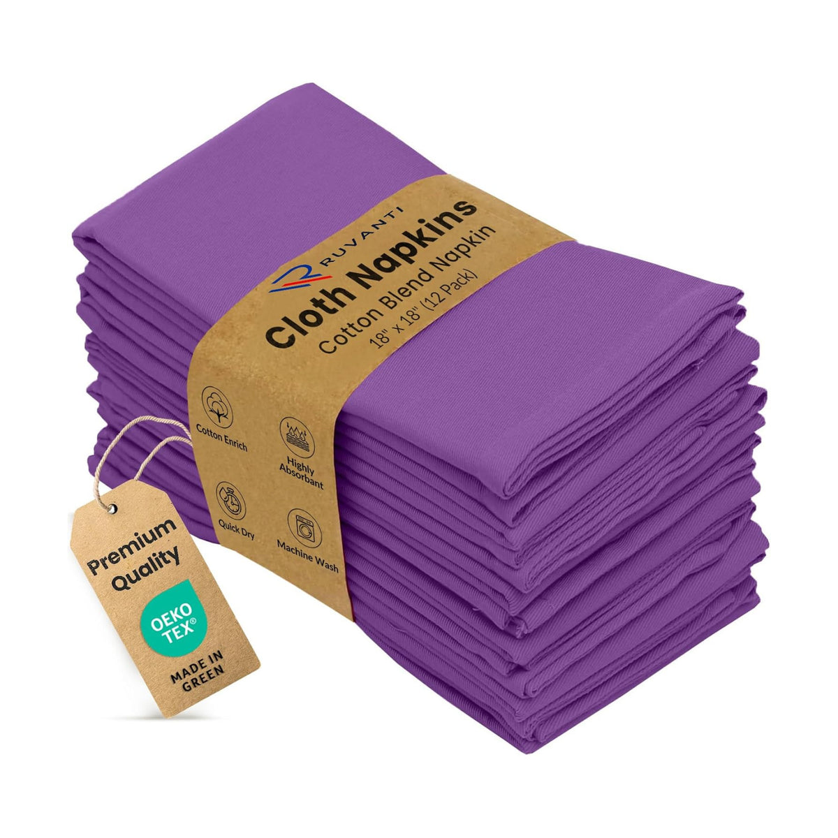 Ruvanti Cloth Napkins Set of 12, Cotton Enrich 18”x18” - Purple