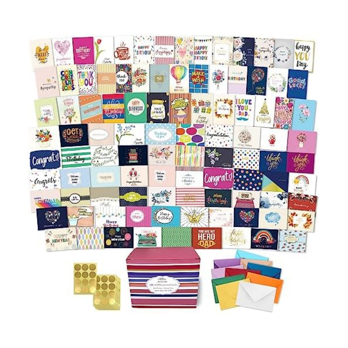 Janvale 100 All Occasion Cards Assortment Box with Color Envelopes，All Occasion Cards Set with Greeting Inside, Large 5 x 7 inch Cards with Stickers and Dividers
