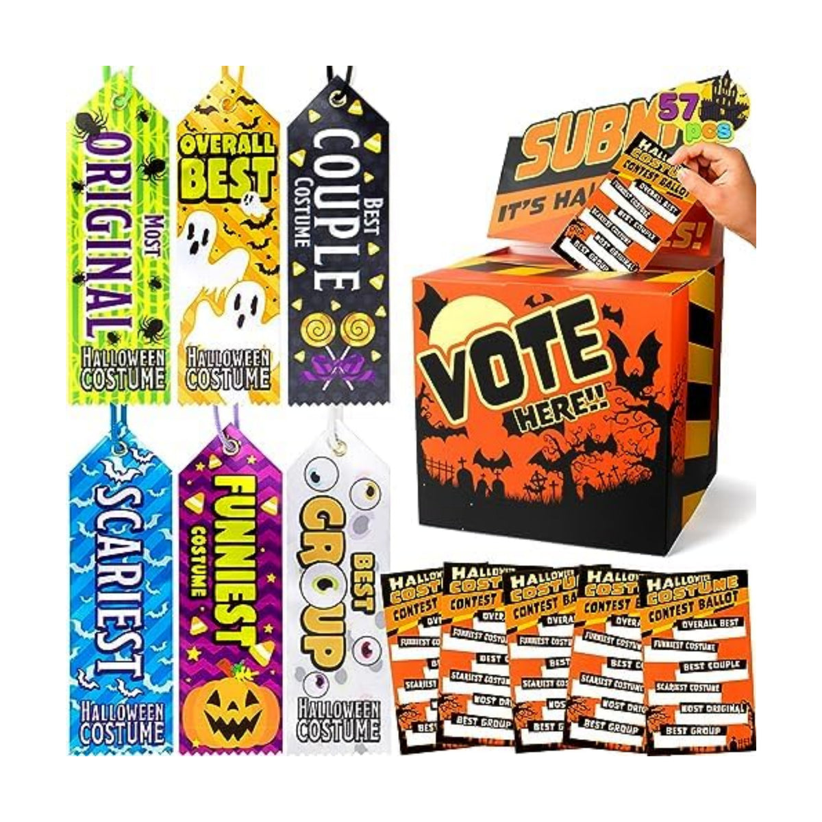 JOYIN 57 PCS Halloween Party Costume Contest Ballot Set of Boxes with Voting Ballots and Trophy Award Ribbons for Halloween Party Game Home Indoor Office Vote, Trick or Treat Trophy Awards Ribbons