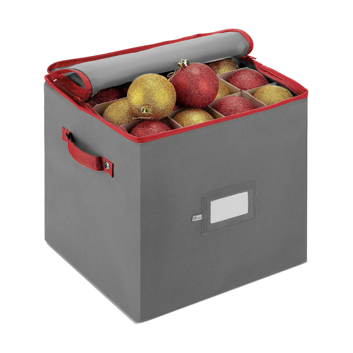 ZOBER Christmas Ornament Storage Box - Stores 64 3" Ornaments, With Dividers - Ornament Organizer Storage Box, Durable Christmas Containers Holder, Dual Zipper - Gray
