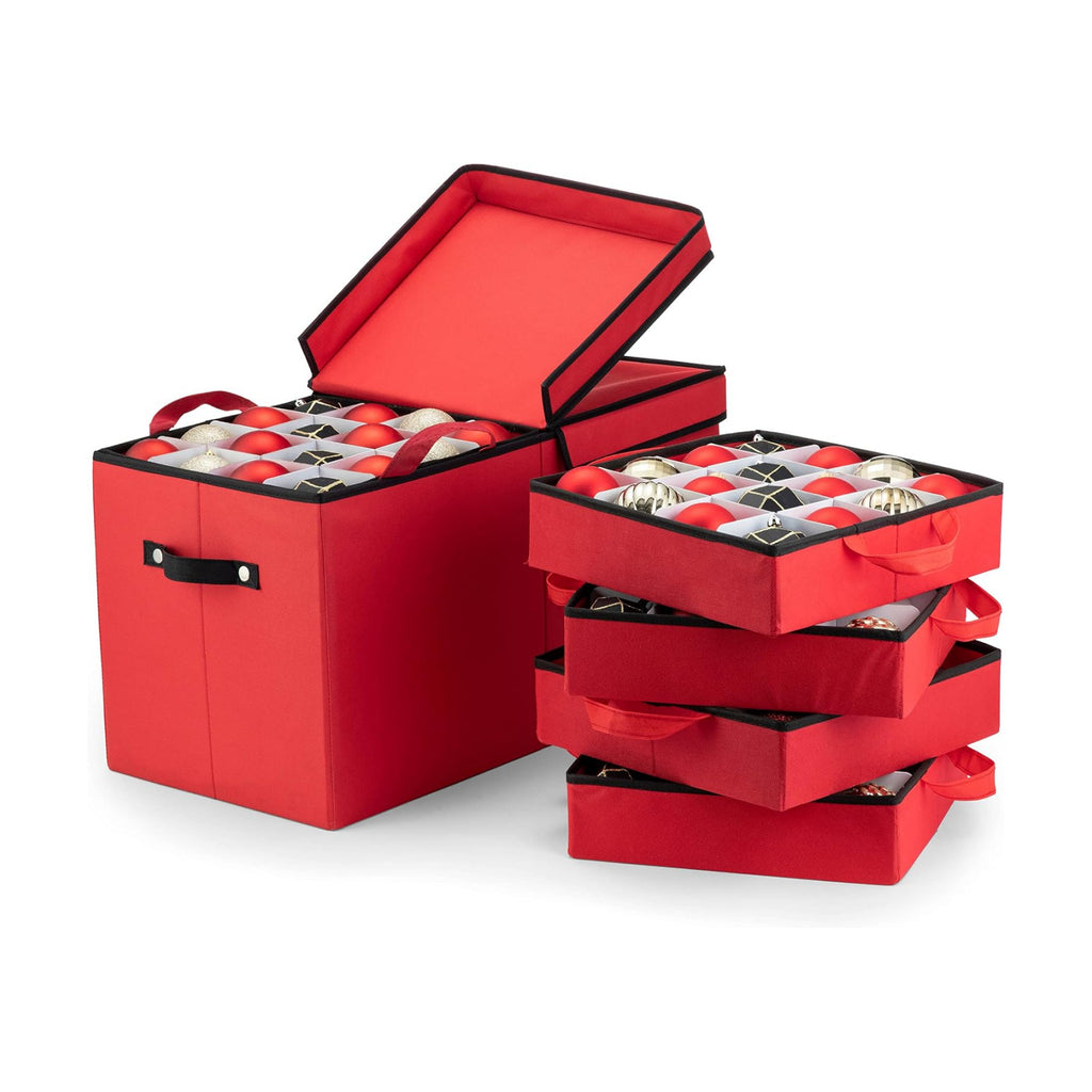ZOBER Christmas Ornament Storage Box - Stores 128 3" Ornaments with Individual Trays - Tear Proof 600D Oxford Fabric - ornament organizer storage box, Durable Christmas Containers Holder - Red