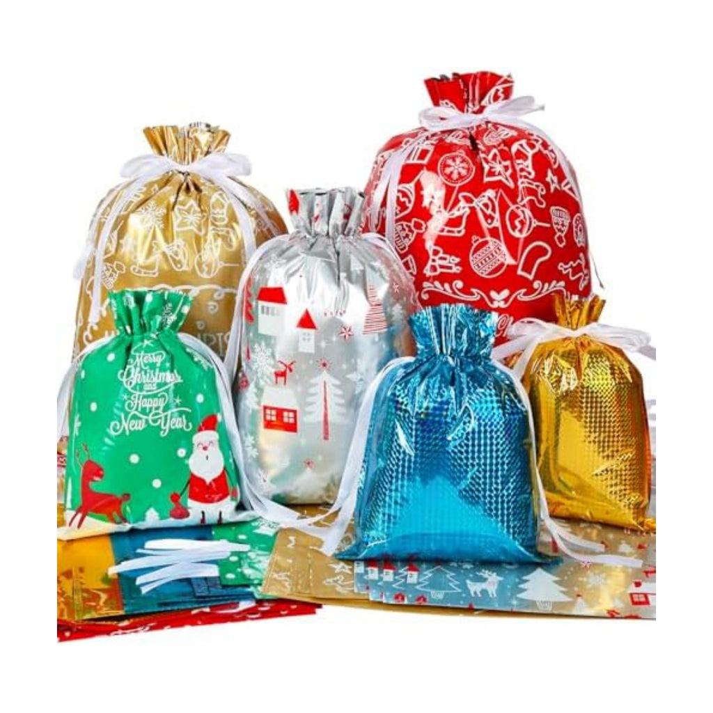 HRX Package 30pcs Foil Drawstring Christmas Gift Bags Assorted Sizes, Holiday Gift Wrapping Sacks Xmas Pouches for Presents