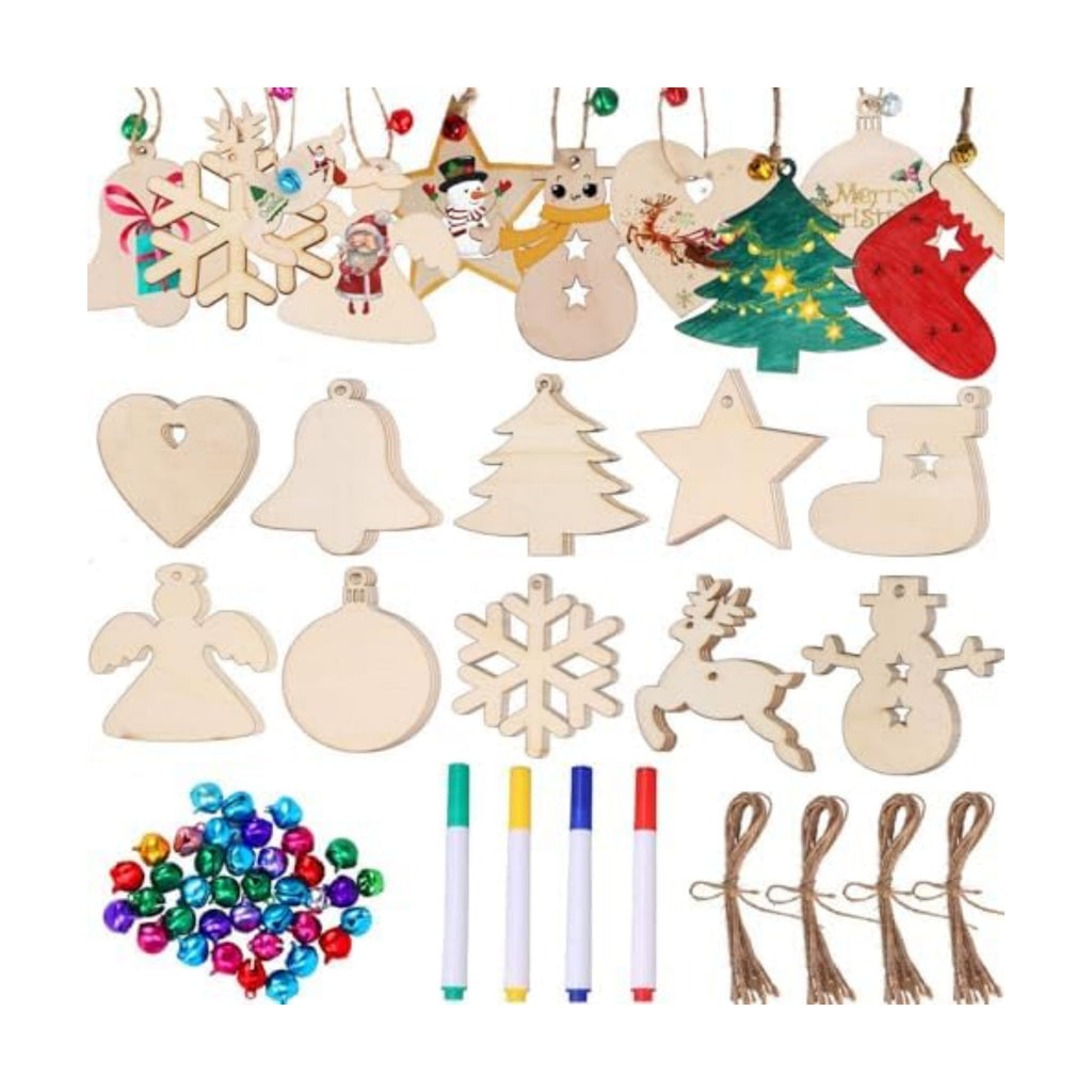 DECYOOL 50Pcs Christmas Wooden Ornaments Set, 10 Styles Plain DIY Crafts