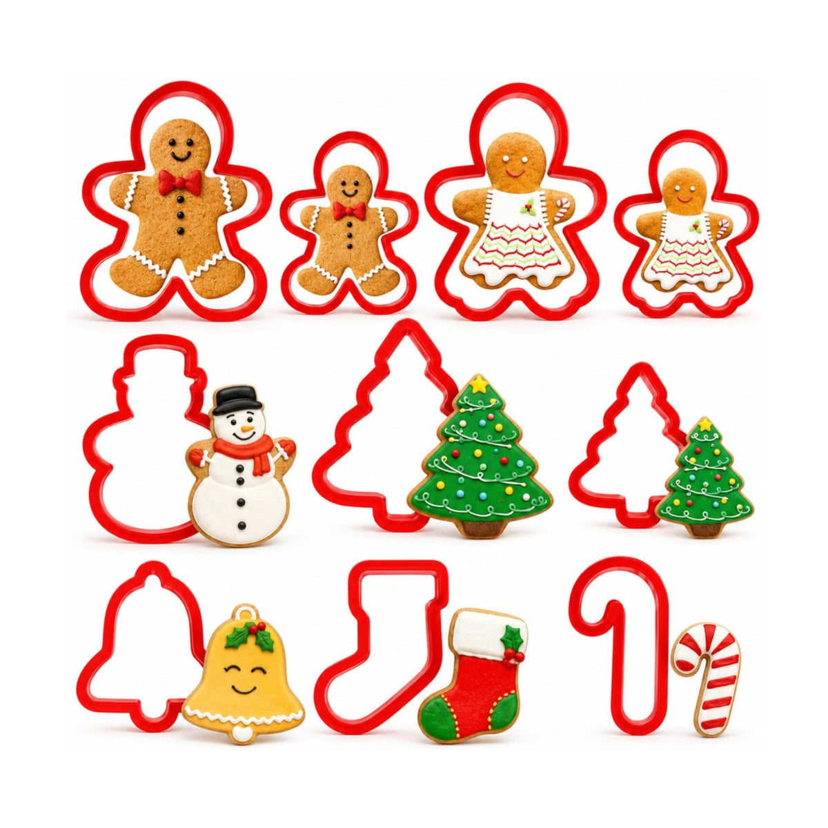 Christmas Cookie Cutter Set - 10 Piece Plastic Gingerbread Man*4, Christmas Tree*2, Beckoning Snowman*1, Bell*1, Christmas Stocking*1, Candy Cane*1, for Biscuit, Fondant