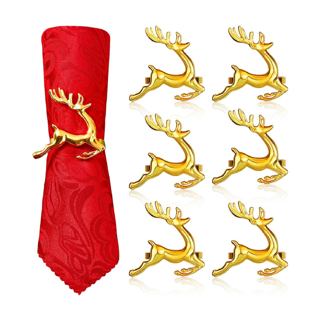 WILLBOND 6 Pcs Reindeer Napkin Rings for Christmas Table Decor, Gold