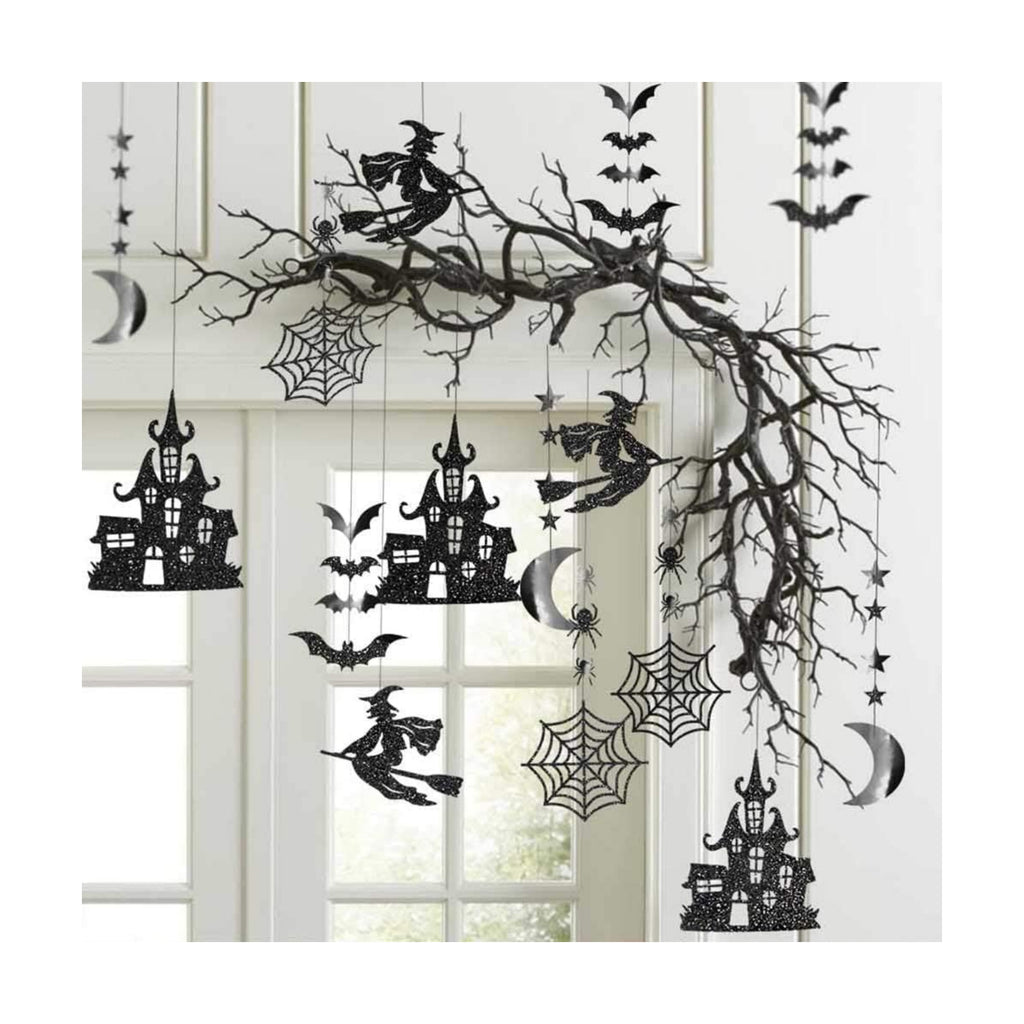 Cheerland Clearance Witch Decorations Gothic Hanging Banner Indoor Garland Glitter Black Decor Moon Star Glitter Garland Decoration Haunted House Witchcraft Decor Birthday Halloween Party Supplies