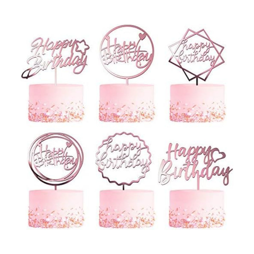 6-Pack Rose Gold Birthday Cake Topper Set, Double-Sided Glitter, Acrylic Happy Birthday Sign Cake Toppers/Cupcake Toppers, Party Decorations Supplies for Girls and Mom.