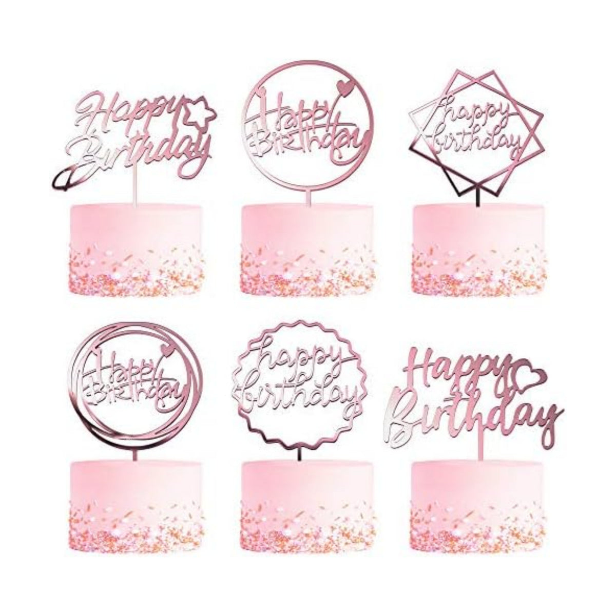 6-Pack Rose Gold Birthday Cake Topper Set, Double-Sided Glitter, Acrylic Happy Birthday Sign Cake Toppers/Cupcake Toppers, Party Decorations Supplies for Girls and Mom.