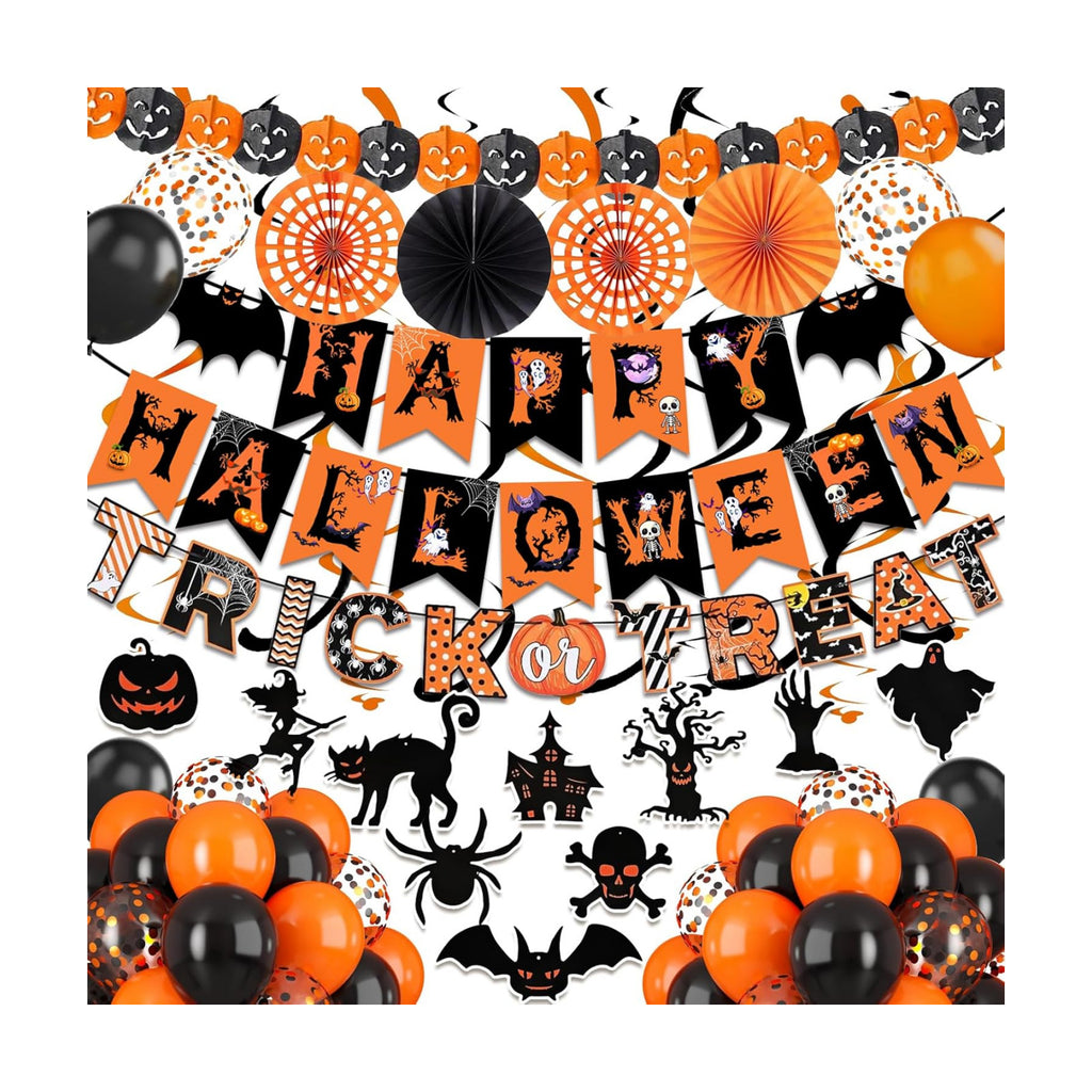 Happy Halloween Trick or Treat Banner Paper Fan Balloons & Swirl Streamers Goul Bat Cat Bird Ghost Pumpkin Lantern for Party Decorations