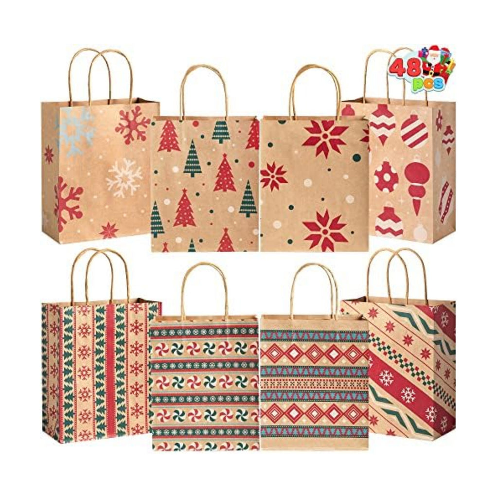 JOYIN 48 PCS Christmas Kraft Bags, Presents Wrapping Goody Treat Candy Bags with Handle Xmas Characters for Christmas Party Favors, Gift Giving, Holidays Decorations, Xmas Treat (7" x 9" x 3.5 ")
