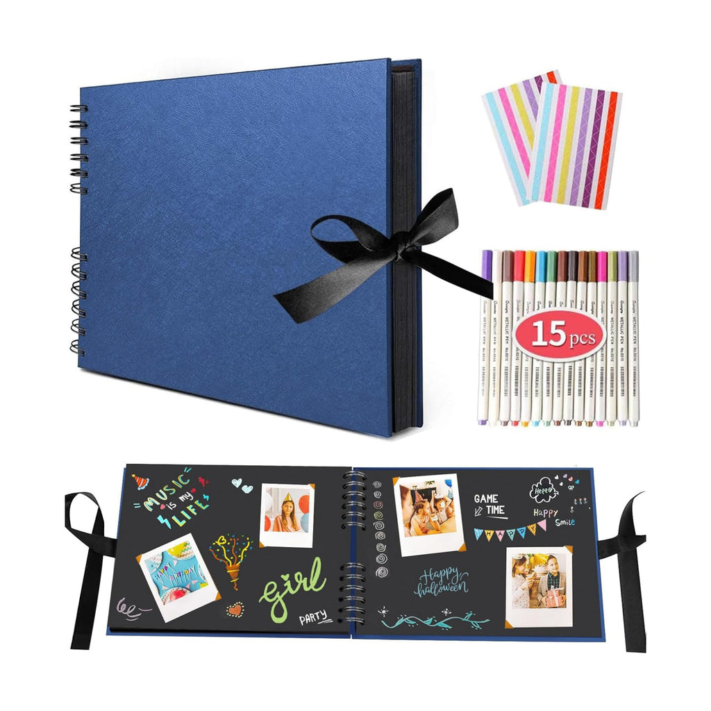 11.5 x 8.5 Inch Scrapbook Album with 15 Metallic Markers,Blue (40 Sheets) ﻿