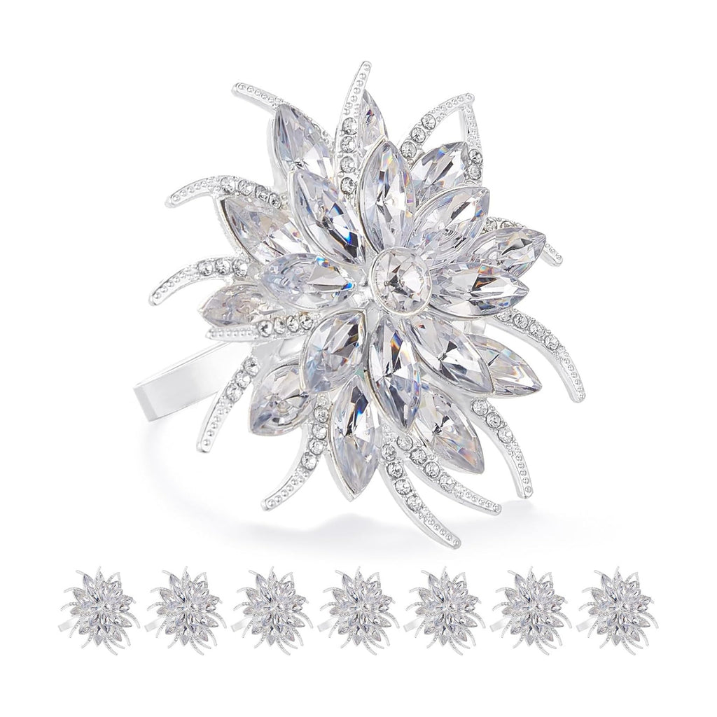 ZeeDix Christmas Flower Napkin Rings Set of 8, Silver Lotus Elegant Rhinestone Napkin Ring Serviette Buckles Holder for Wedding Birthday Christmas Holiday Party Home Kitchen Dinner Table Decoration
