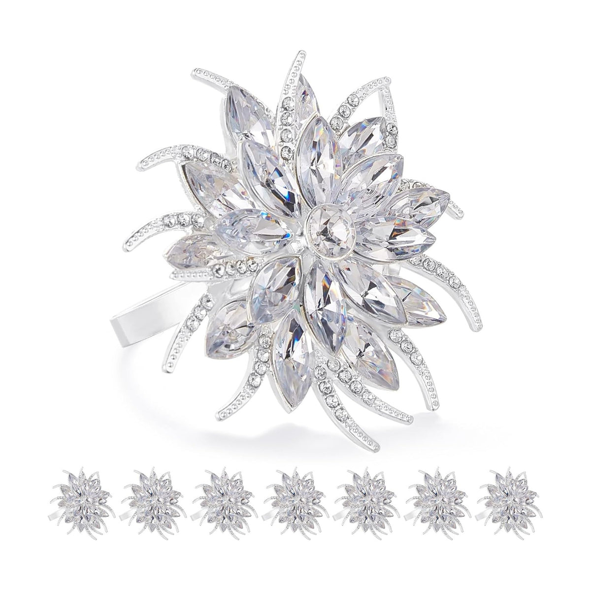 ZeeDix Christmas Flower Napkin Rings Set of 8, Silver Lotus Elegant Rhinestone Napkin Ring Serviette Buckles Holder for Wedding Birthday Christmas Holiday Party Home Kitchen Dinner Table Decoration