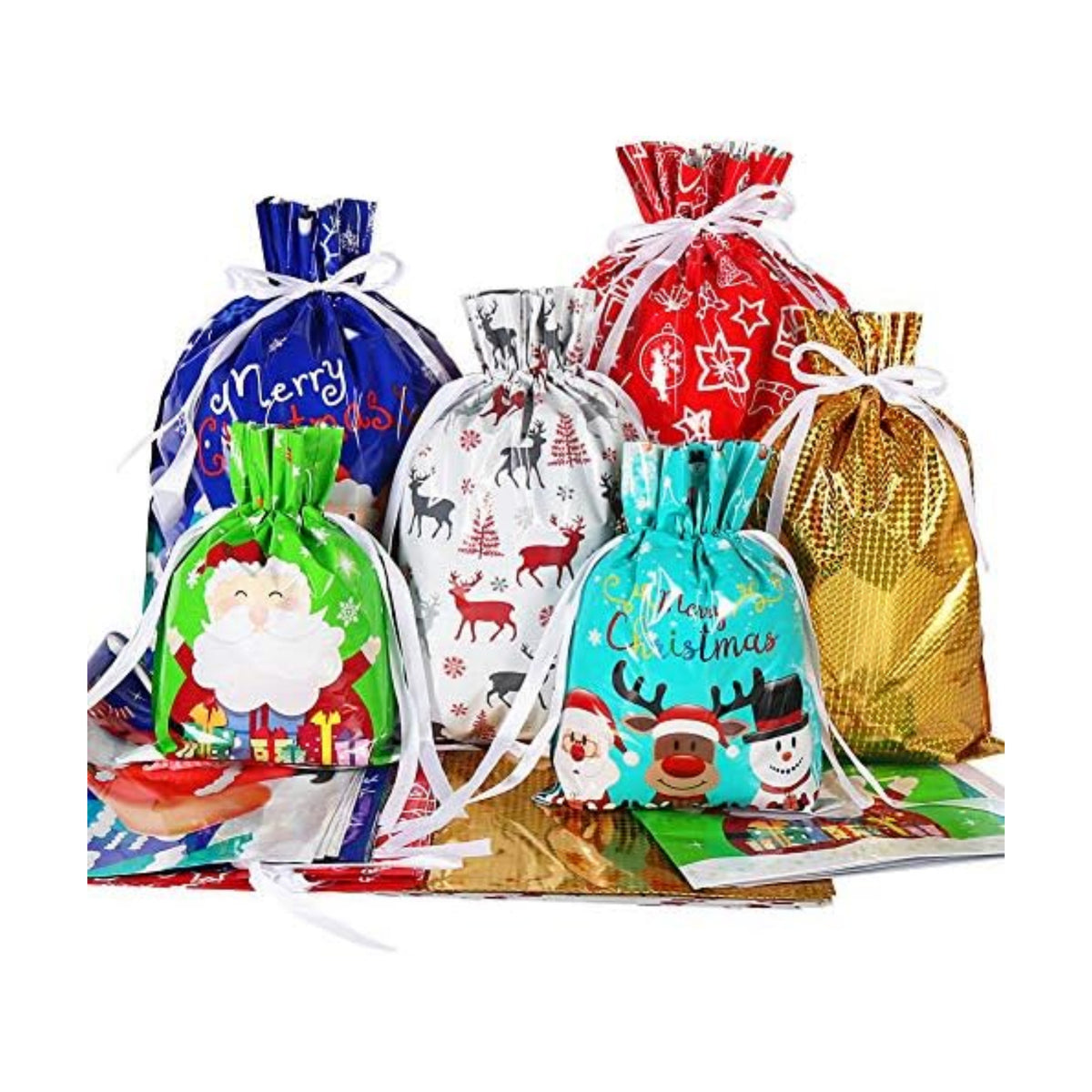 HRX Package Holiday Drawstring Gift Bags, 30pcs Christmas Foil Gift Wrapping Sacks Pouches for Xmas Presents Party Favor (Large Medium Small)