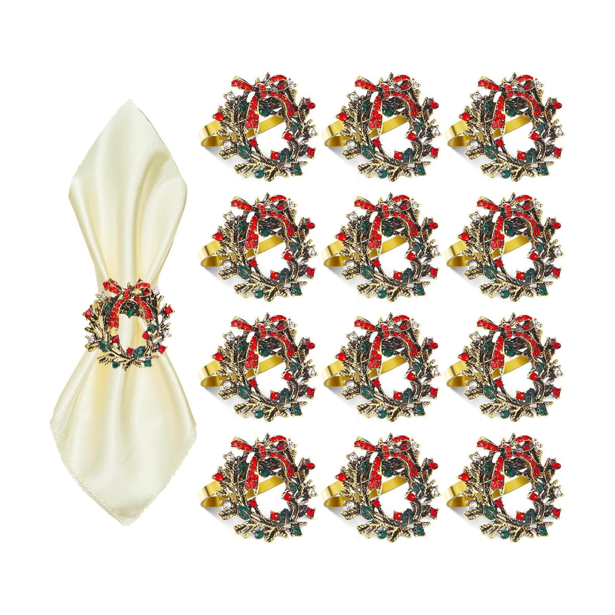 ZeeDix Christmas Wreath Napkin Rings Set of 12, Holiday Rhinestone Christmas Napkin Ring Holders for Cloth Napkins, Napkin Buckle for Thanksgiving Holiday Dinner Table Decor