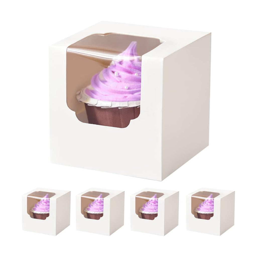 100 Pcs Individual Cupcake Box White with Insert, 3.5" Treat Boxes with Window Bulk for Hot Cocoa Bombs and Cookies, Pre-Assembled for Easter Wedding Birthday Baby Shower Party