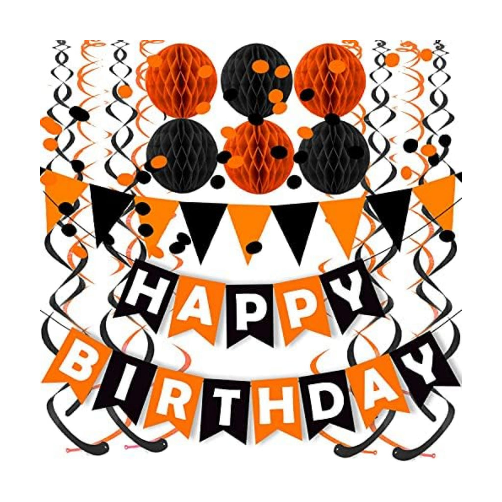 Fecedy Black Orange Happy Birthday Banner Paper Triangle Flag Bunting Circle Confetti Dots Hanging Garland and Honeycomb Ball Swirl Streamers for Birthday Baby Shower Halloween Party Decoration