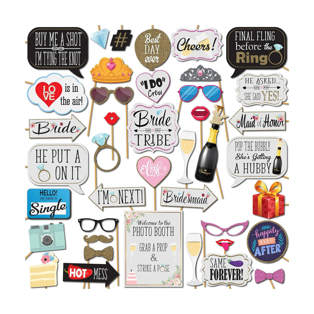 Bridal Shower Photo Booth Props - 41-pc Photo Booth Kit with 8 x 10-Inch Sign, 60 Adhesive Pads, 45 Sticks - Team Bride Photo Booth Props - Bachelorette Props Photo Booth