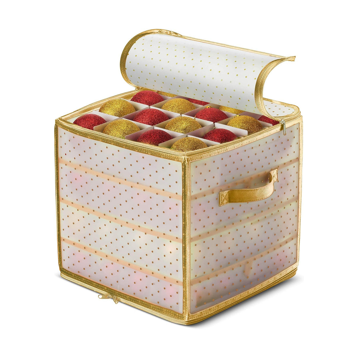 ZOBER Christmas Ornament Storage Box Plastic - Stores 64 3" Ornaments with Individual Trays - Ornament Organizer Storage Box, Durable Christmas Containers Holder - Gold
