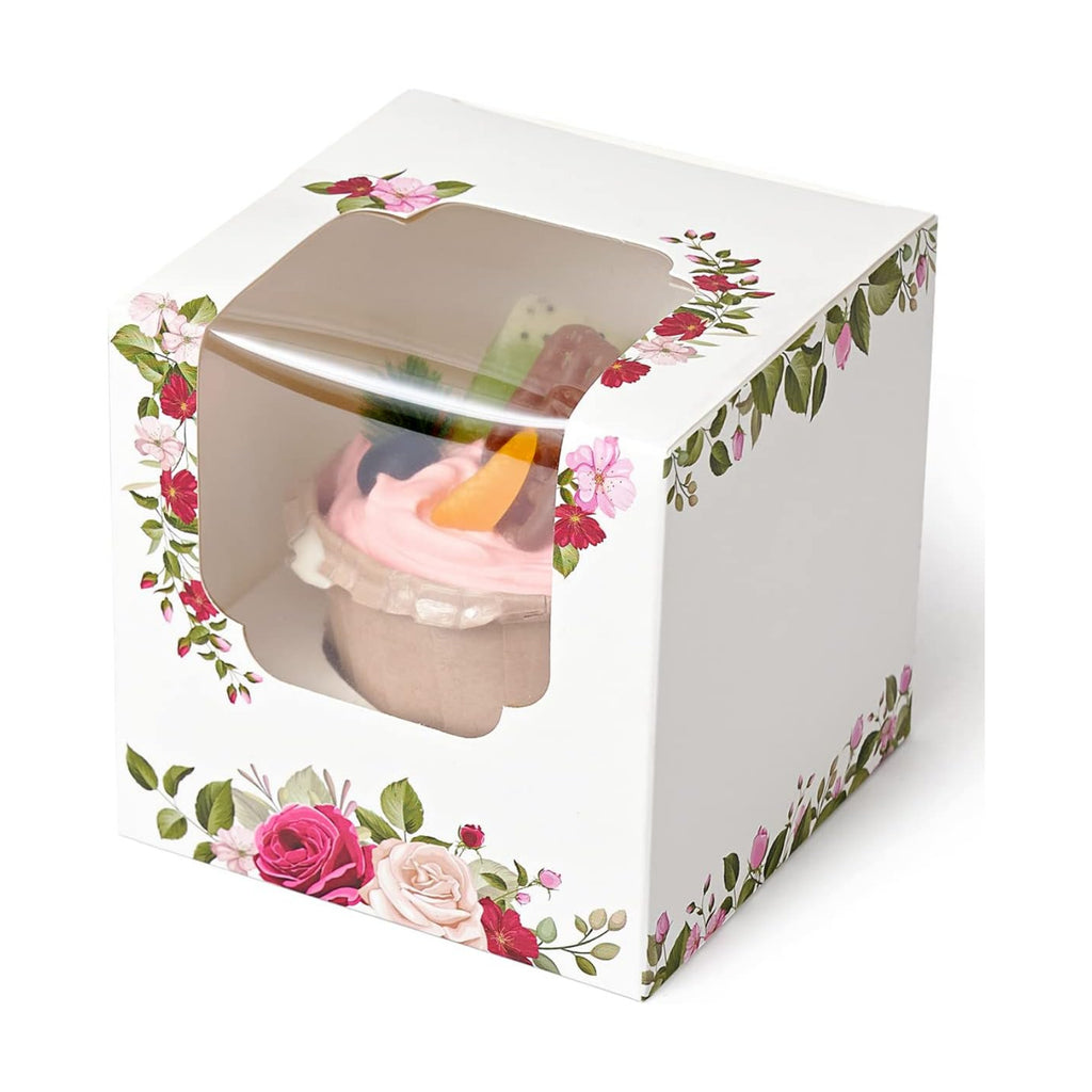 Happyhiram 100 Pack Rose Floral Single Cupcake Boxes with Inserts & Window