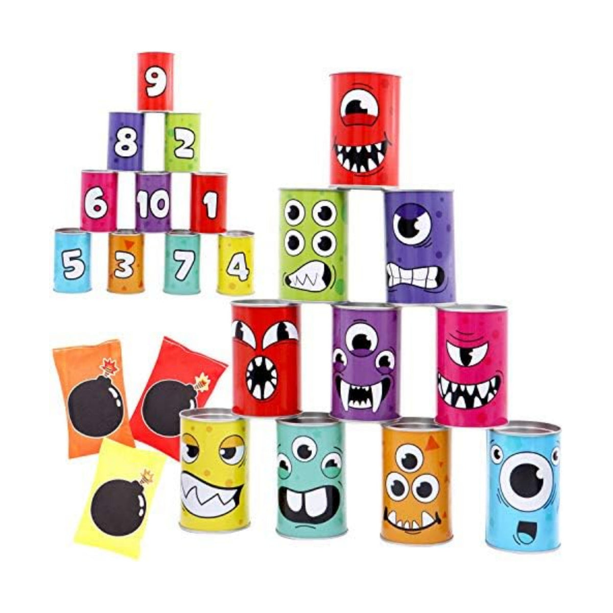 JOYIN 13 Pcs Carnival Bean Bag Toss, Knockdown Can Game Set, Holiday & Birthday Party Games, Outdoor Lawn Yard Activity for Kids Party Favors, Easter Egg Hunt for Classroom Gifts (Monster Style)