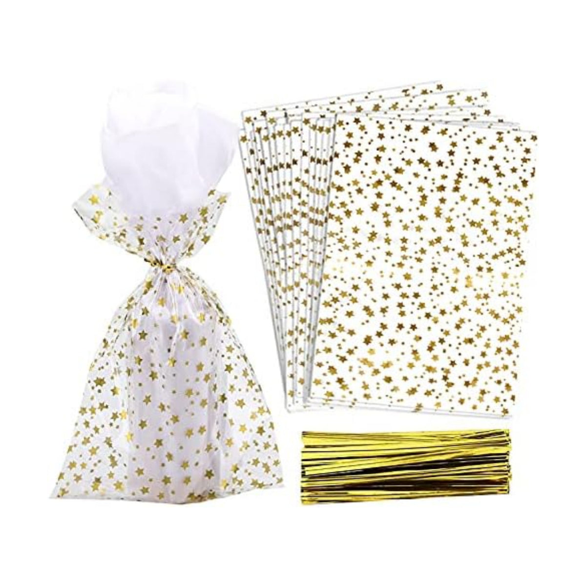 100 Pcs Star Printed 4"X 9" Gift Wrap Cello Cellophane Treat Bags Party Favor bags Clear Candy Cookie Bags Plastic Poly Goodie Storage Bags with Twist Ties for Bakery,Birthday, Wedding ,Party Decorations (Gold)