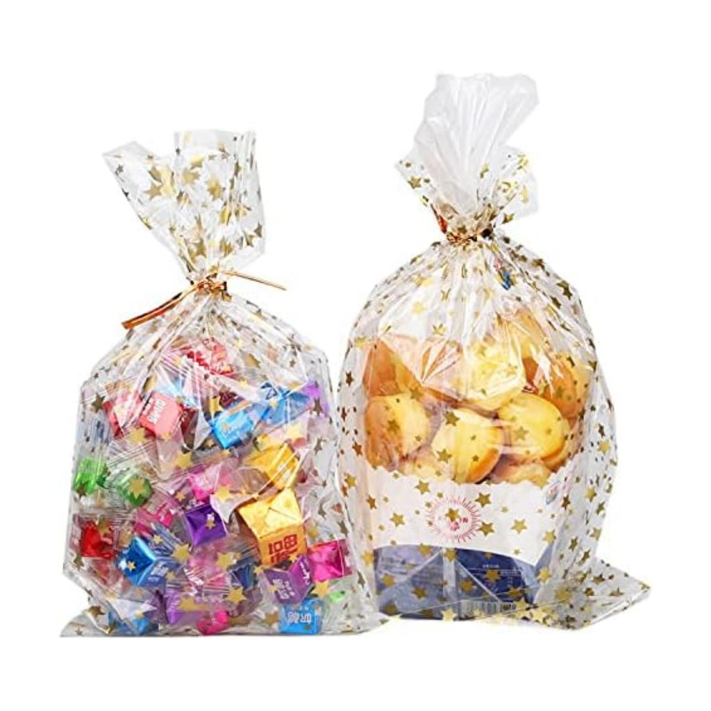 Star Printed 100 Pcs 7"X 12" Gift Wrap Cello - Clear Candy & Cookie Bags with Twist Ties for Bakery, Birthday, Wedding & Party Decorations (Gold)