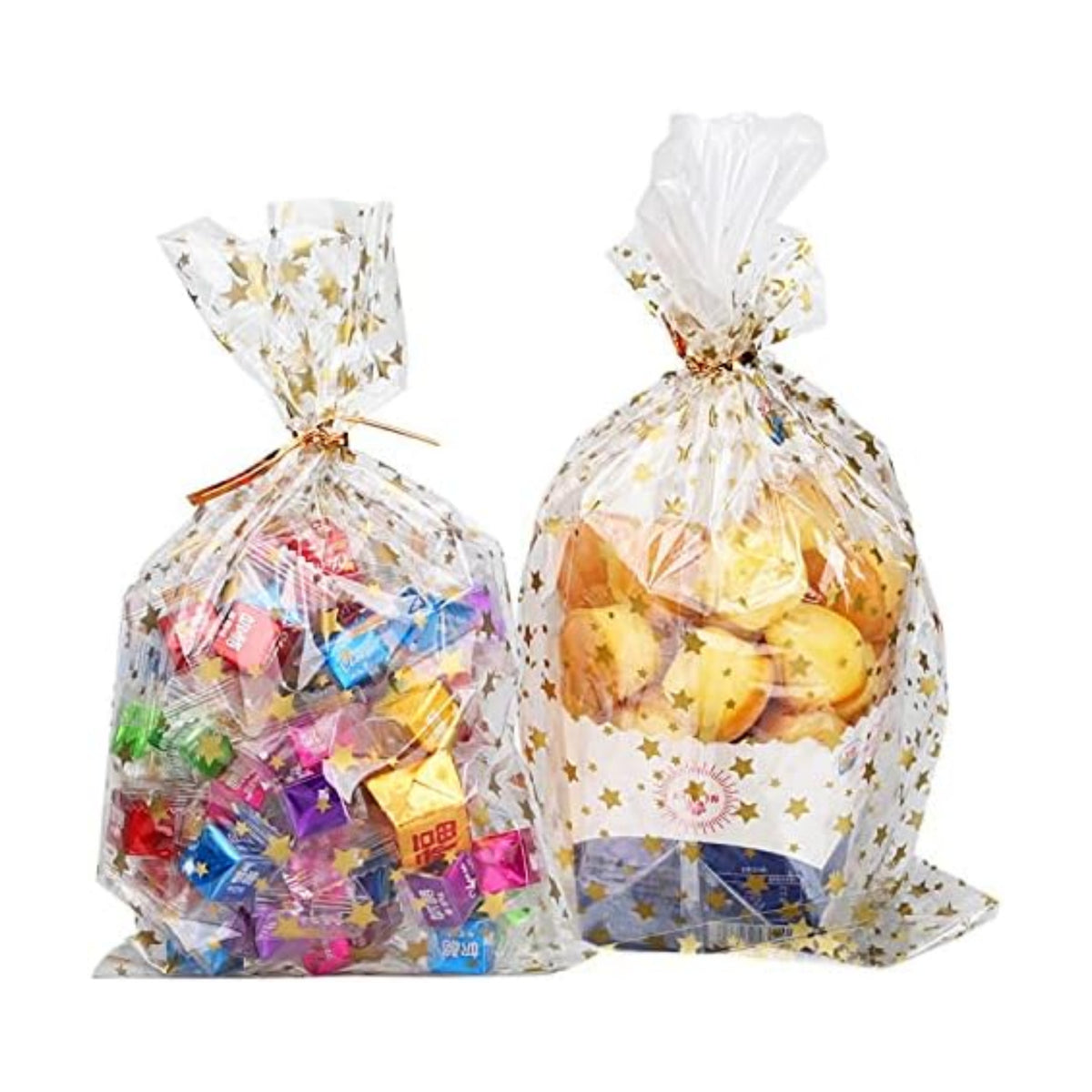 Star Printed 100 Pcs 7"X 12" Gift Wrap Cello - Clear Candy & Cookie Bags with Twist Ties for Bakery, Birthday, Wedding & Party Decorations (Gold)