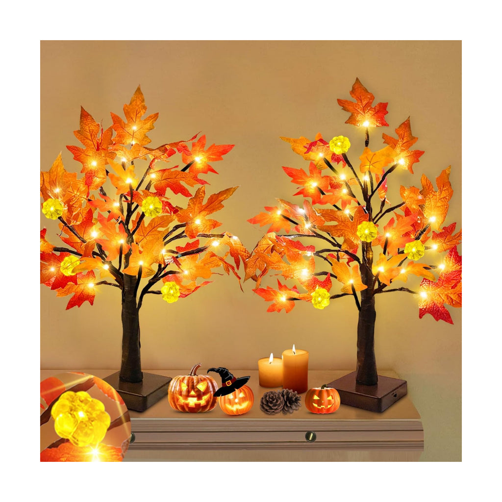 TURNMEON Fall Decor 2 Pack 18 Inch Prelit Fall Maple Tree 48 LEDs Timer