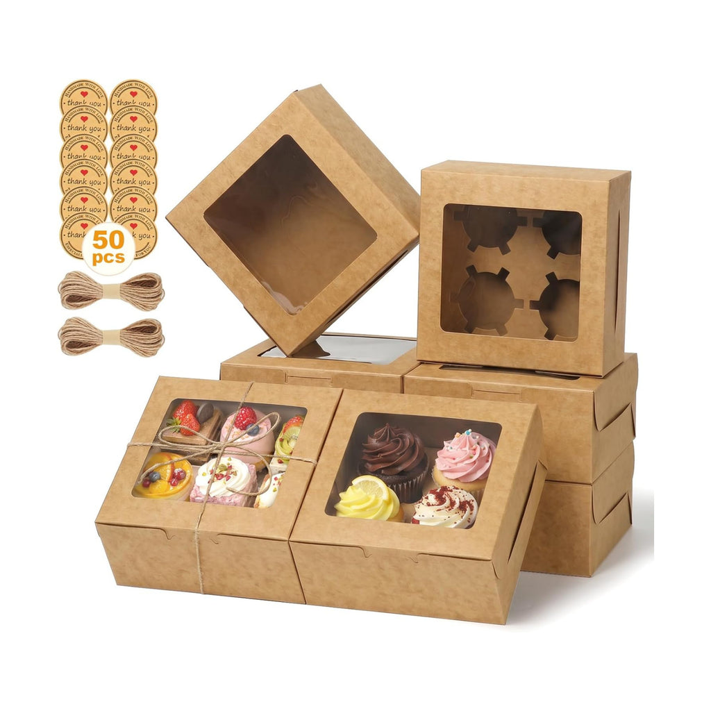 OAMCEG 6x6x3Inch Cupcake Boxes with Window,50 Pcs Cookie Bakery Boxes,Brown