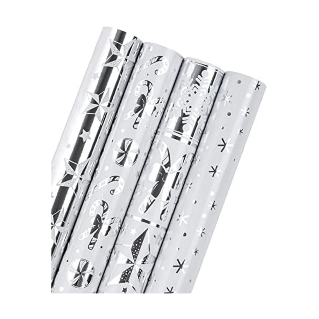 WRAPAHOLIC 30 Inch Silver Christmas Wrapping Paper Roll - Jumbo Roll Silver Snowflakes, Candy Cane Holiday Collection with Metallic Foil Shine - 4 Rolls - 30 Inch x 120 Inch Per Roll
