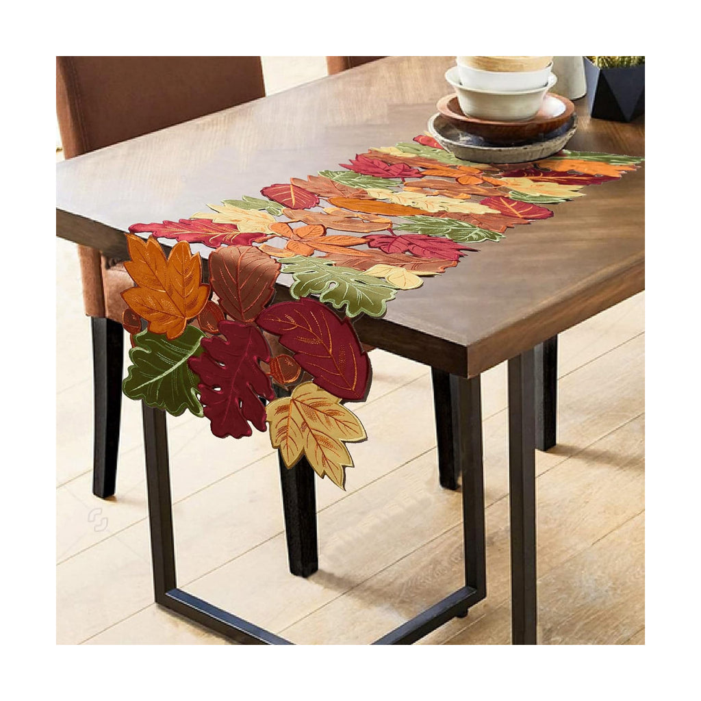 OWENIE Fall Table Runner - Thanksgiving, Farmhouse Embroidered Maple Leaves, 13 x 54 Inch, Orange