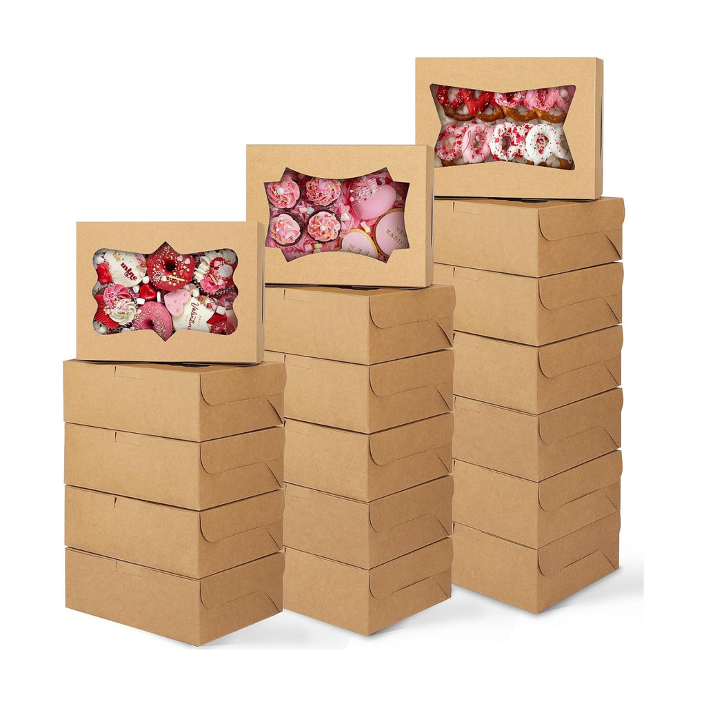 TOMNK 24pcs Cookie Boxes with 3 Style Window,8x6x2.5In Brown Bakery Boxes